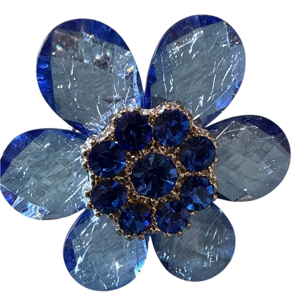 Pretty Blue Acrylic Flower Stretch Adjustable Ring with Rhinestone Bling Size 9